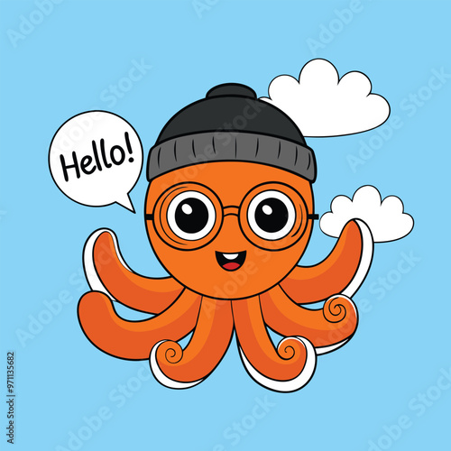 Adorable octopus with glasses and a beanie holding a "Hello!" sign, perfect for fun cartoon designs.