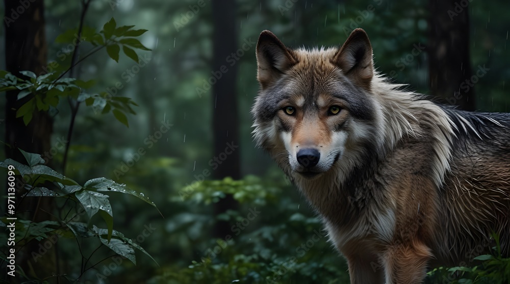 Fototapeta premium Illustration of a concentrated wild wolf looking at the camera in the rain in a leafy forest. generative.ai
