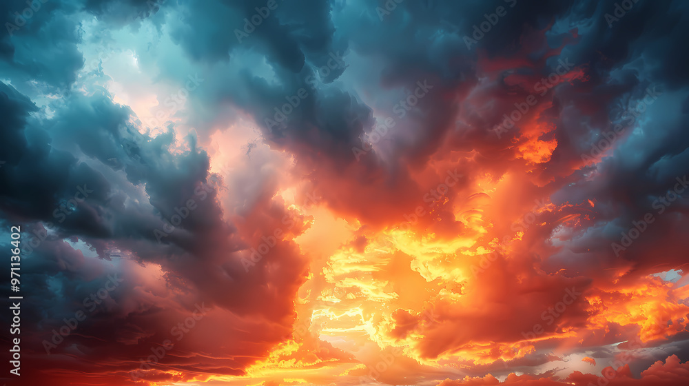 Orange-red coloured cloudy sky after sunset, cloud formation, evening sky, sunset,photostock style Orange-red coloured cloudy sky after sunset, cloud formation, evening sky, sunset,photostock style
