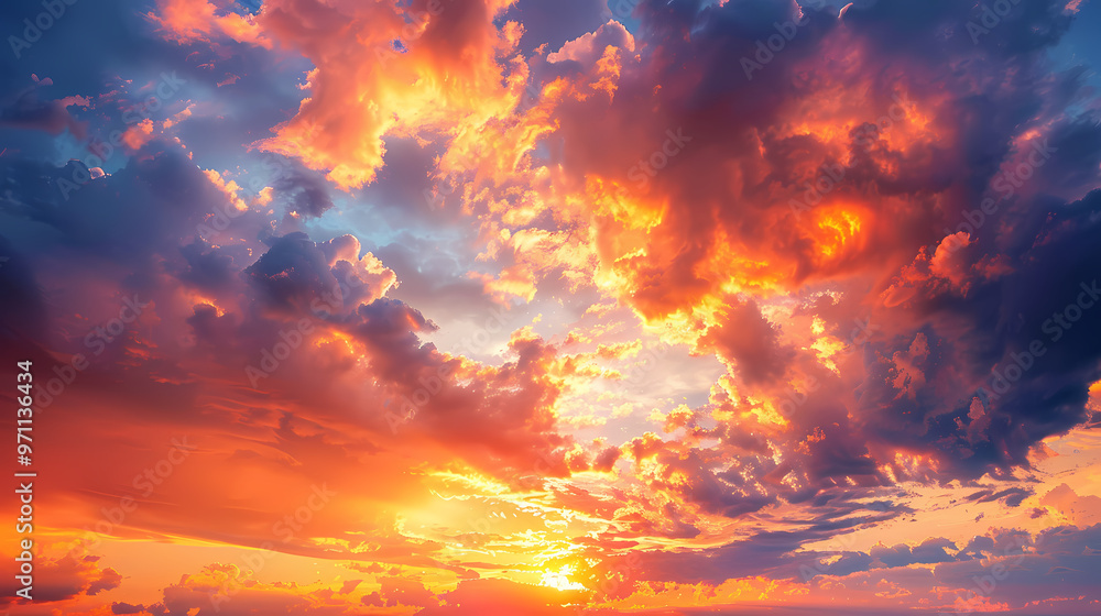 Orange-red coloured cloudy sky after sunset, cloud formation, evening sky, sunset,photostock style Orange-red coloured cloudy sky after sunset, cloud formation, evening sky, sunset,photostock style