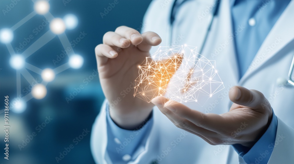 Doctor holding a glowing brain: A doctor in a white coat cradles a glowing, interconnected network of neural pathways, symbolizing the complexities of the human brain, medical innovation Doctor holding a glowing brain: A doctor in a white coat cradles a glowing, interconnected network of neural pathways, symbolizing the complexities of the human brain, medical innovation