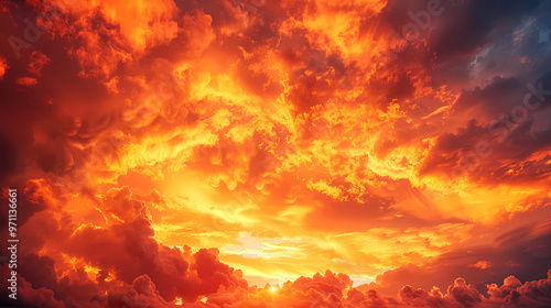 Orange-red coloured cloudy sky after sunset, cloud formation, evening sky, sunset,photostock style