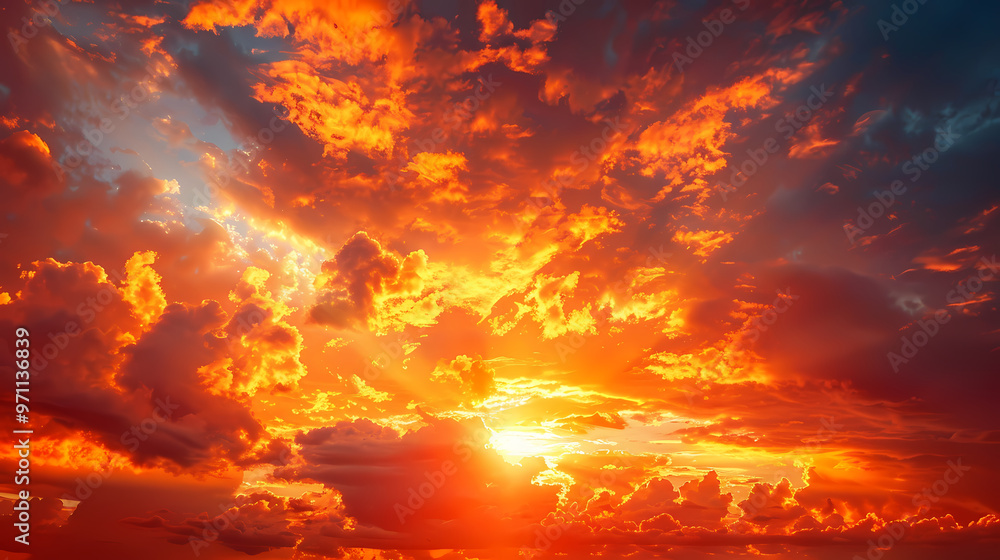 Orange-red coloured cloudy sky after sunset, cloud formation, evening sky, sunset,photostock style Orange-red coloured cloudy sky after sunset, cloud formation, evening sky, sunset,photostock style