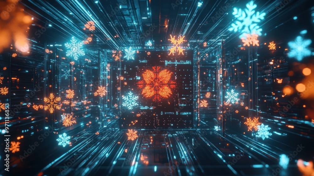 Obraz premium A futuristic digital landscape with glowing snowflakes and vibrant lights.