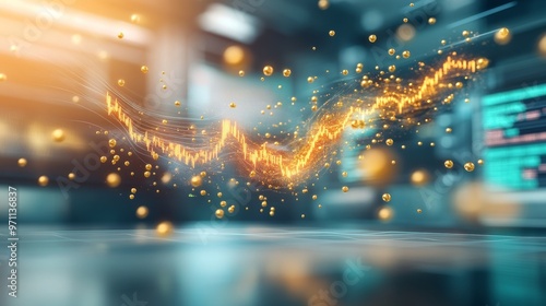 Intricate 3D visualization of a gold price chart as a shimmering, shape-shifting hologram, with data points represented by floating golden particles in a high-tech trading room environment photo