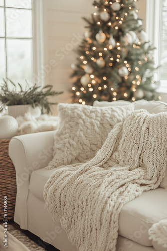 cozy living room interior with christmas tree on the background