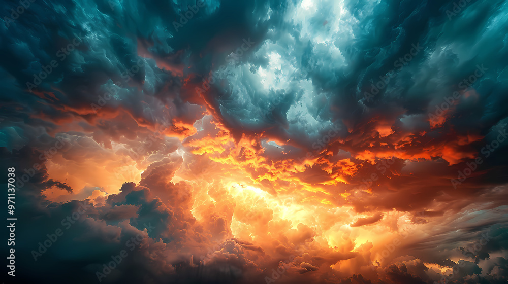 Wide panoramic view of the sunset sky with dark clouds Wide panoramic view of the sunset sky with dark clouds