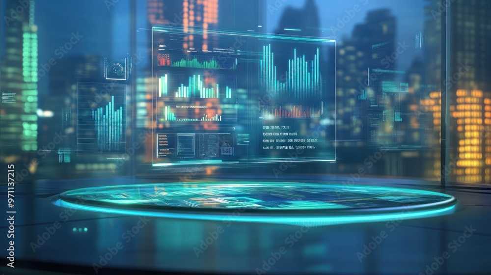 Futuristic data visualization interface in a modern urban environment. Futuristic data visualization interface in a modern urban environment.
