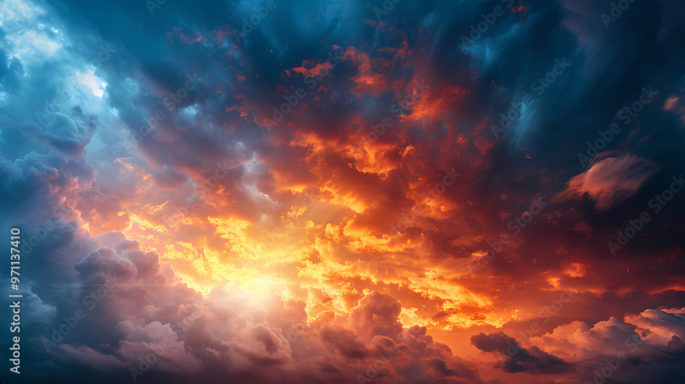 Wide panoramic view of the sunset sky with dark clouds Wide panoramic view of the sunset sky with dark clouds
