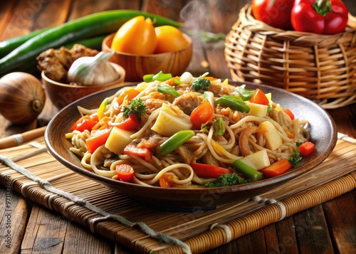 steaming plate of pancit bato, a traditional noodle dish from Camarines Sur, garnished with fresh vegetables and savory flavors.