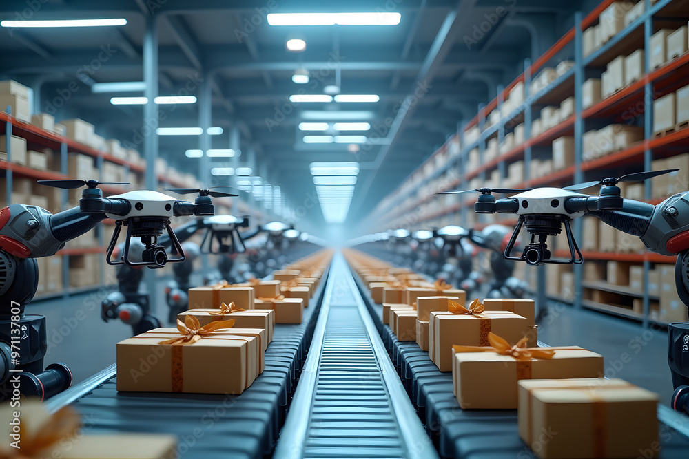 Automated Warehouse Conveyor Belt with Drones and Packages