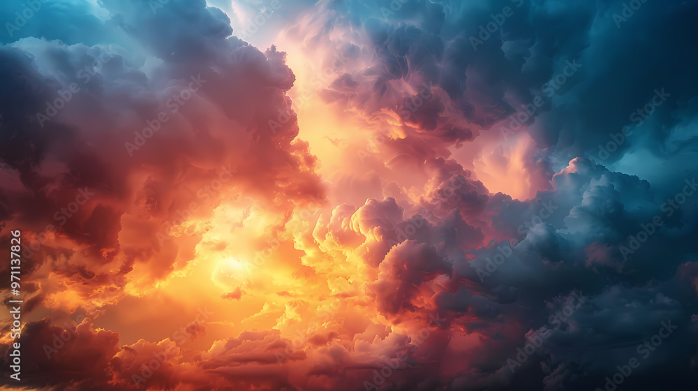 Wide panoramic view of the sunset sky with dark clouds Wide panoramic view of the sunset sky with dark clouds