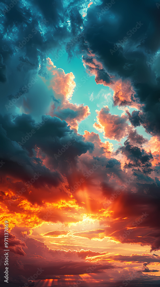 Fototapeta premium Wide panoramic view of the sunset sky with dark clouds