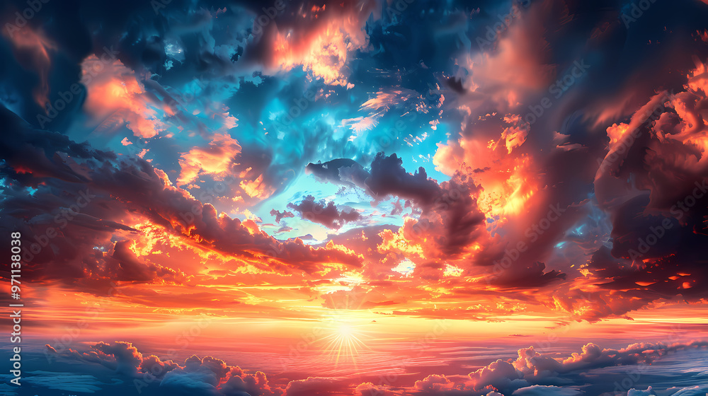 Fototapeta premium Wide panoramic view of the sunset sky with dark clouds