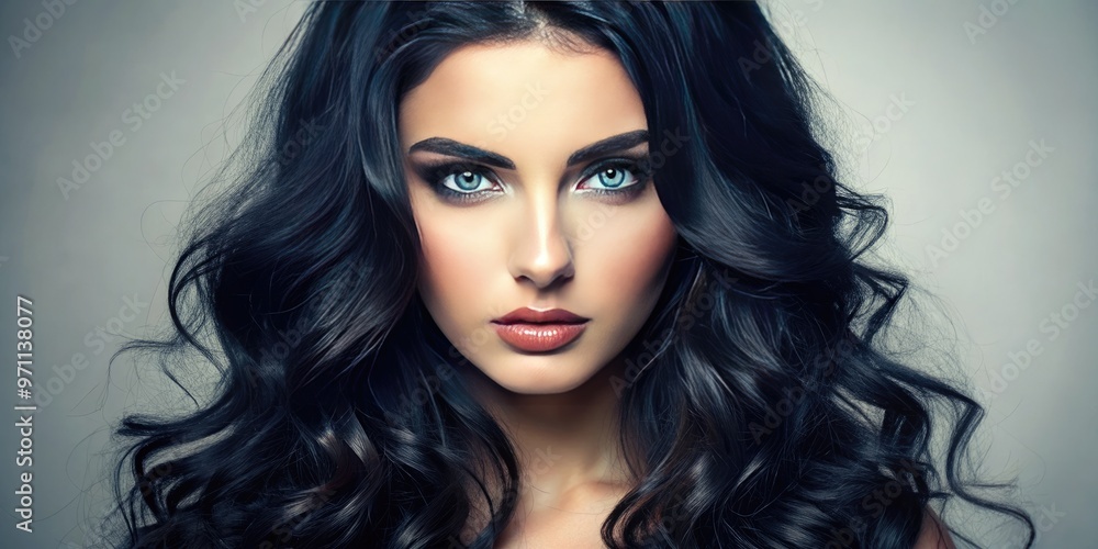 Stunning female portrait featuring piercing blue eyes and luxurious black hair styled in loose waves, set against a soft, creamy white background. Stunning female portrait featuring piercing blue eyes and luxurious black hair styled in loose waves, set against a soft, creamy white background.