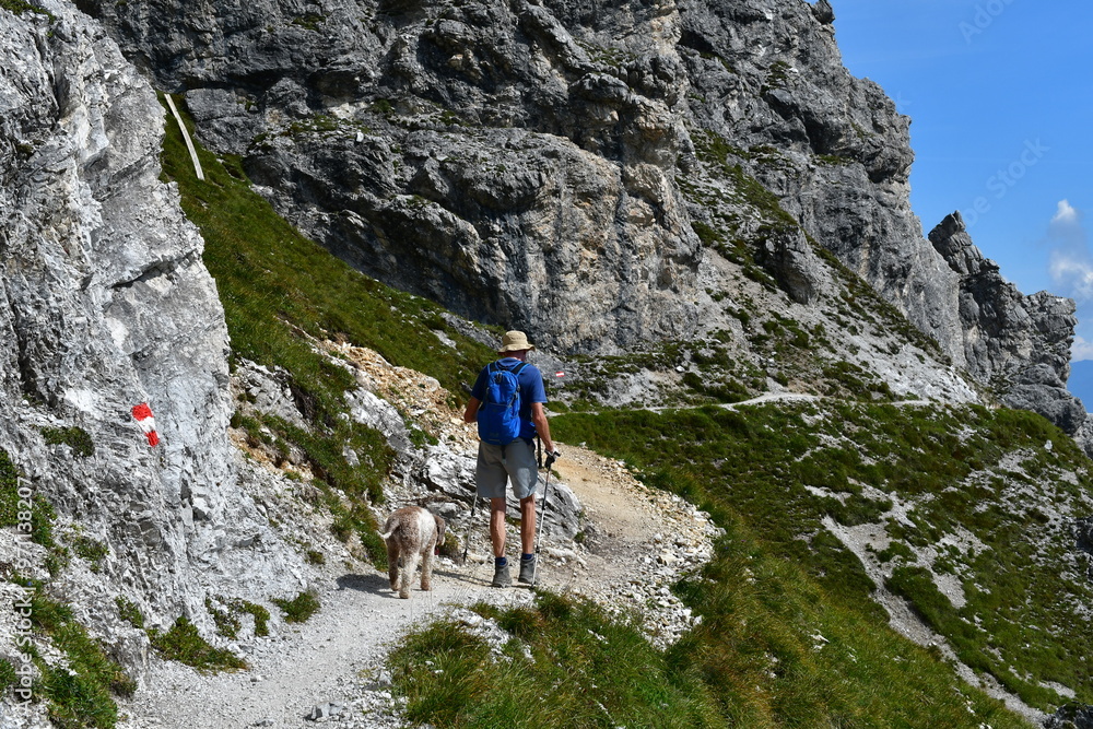 Mann und sein Lagotto Romagnolo Hund wandern im Stubaital in Tirol