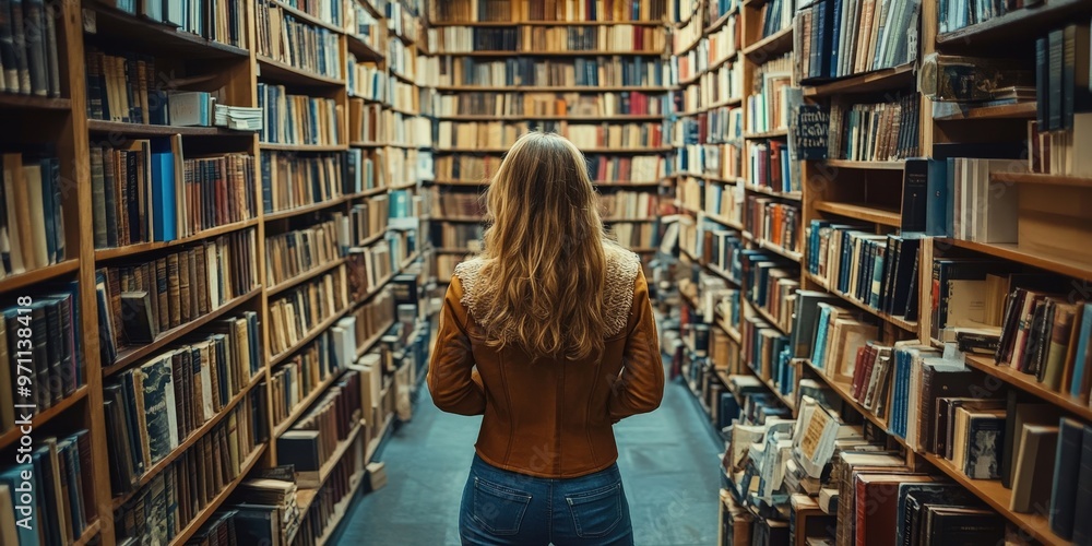A person exploring a vast library filled with books during the afternoon, surrounded by towering shelves and a cozy atmosphere. Generative AI A person exploring a vast library filled with books during the afternoon, surrounded by towering shelves and a cozy atmosphere. Generative AI