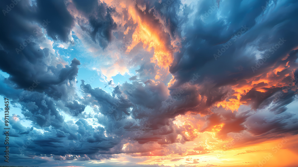 Wide panoramic view of the sunset sky with dark clouds Wide panoramic view of the sunset sky with dark clouds