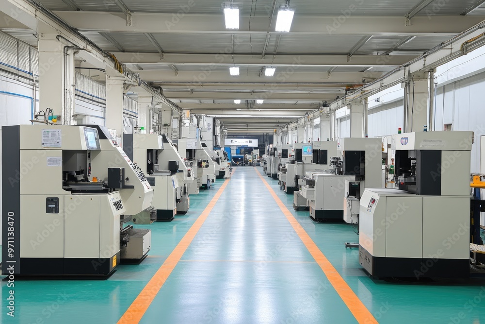 Factory floor with rows of industrial machines. This image is perfect for illustrating manufacturing, automation, and industrial design. Factory floor with rows of industrial machines. This image is perfect for illustrating manufacturing, automation, and industrial design.
