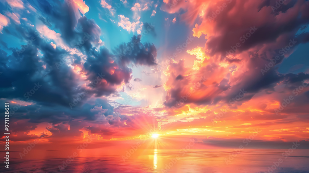 Fototapeta premium Wide panoramic view of the sunset sky with dark clouds