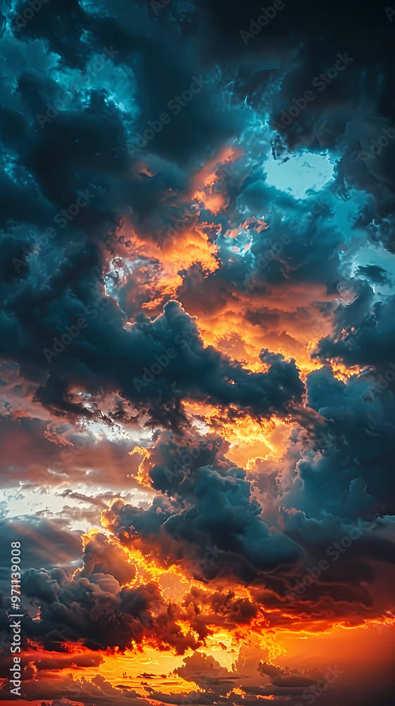 Wide panoramic view of the sunset sky with dark clouds Wide panoramic view of the sunset sky with dark clouds