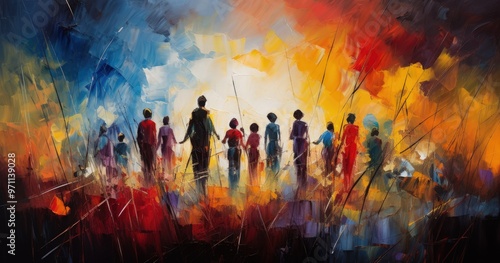 A vibrant abstract painting depicting a group of diverse figures against a colorful backdrop, symbolizing unity and community.