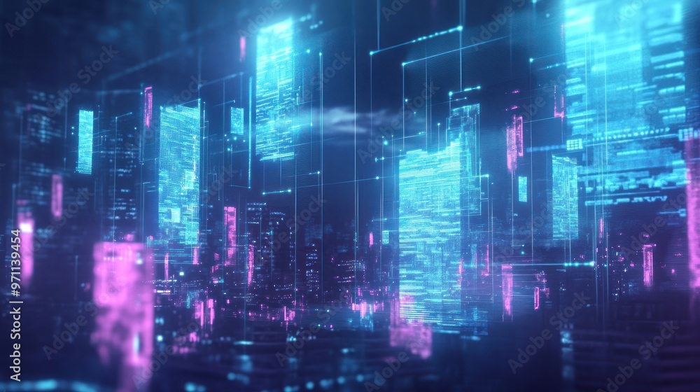 Futuristic digital cityscape with glowing neon elements and abstract structures. Futuristic digital cityscape with glowing neon elements and abstract structures.