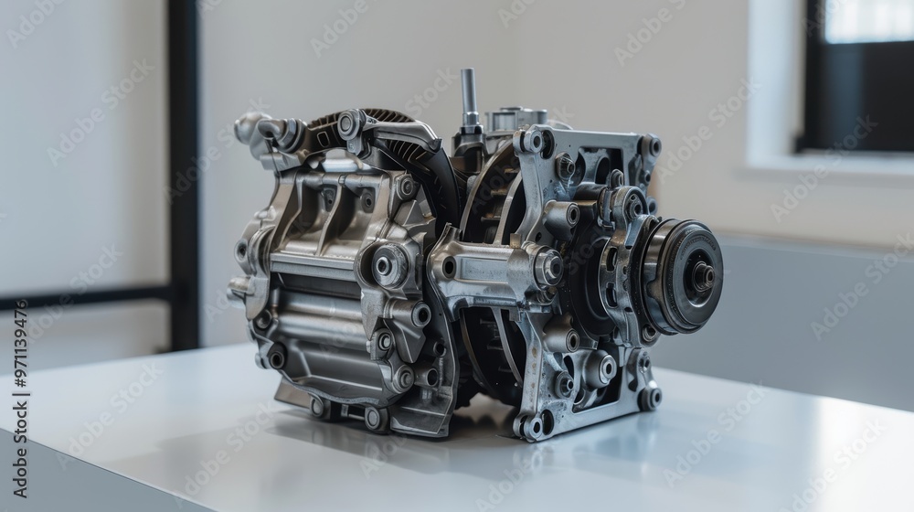 Modern electric car engine sitting on table being displayed Modern electric car engine sitting on table being displayed
