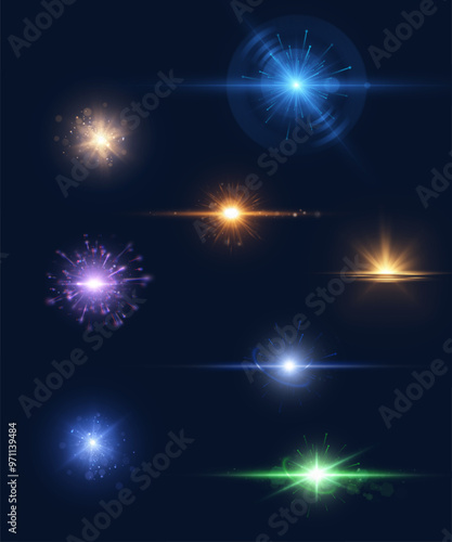 Bright colorful light effects set. Futuristic glow effect for game interface design. Energy universe aura, bright glow, disco glare, space explosion, illuminated stage.