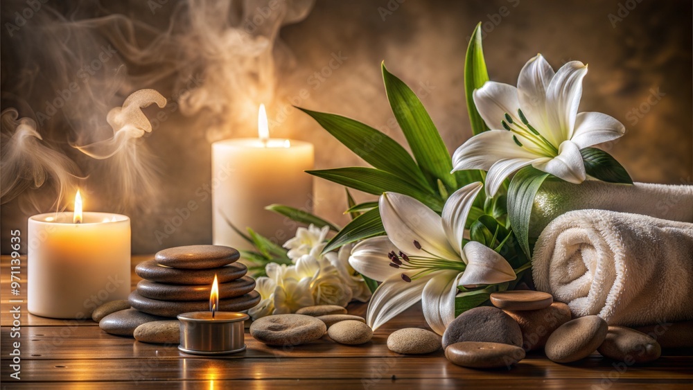 Obraz premium Relaxing spa setting with candles, towels, and lotus flowers on marble background
