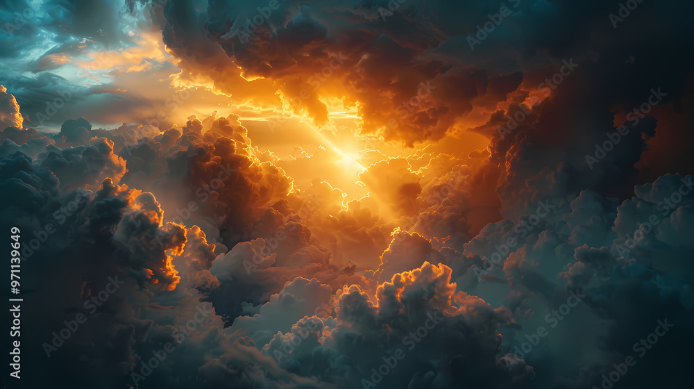 Wide panoramic view of the sunset sky with dark clouds Wide panoramic view of the sunset sky with dark clouds