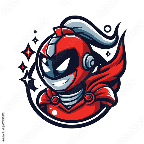Futuristic Heroic Character in Bold Red Mask and Helmet Illustration