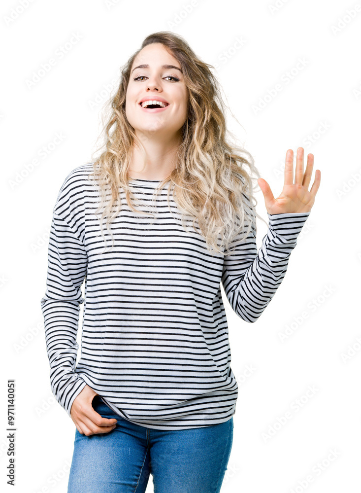 Beautiful young blonde woman wearing stripes sweater over isolated background showing and pointing up with fingers number five while smiling confident and happy. Beautiful young blonde woman wearing stripes sweater over isolated background showing and pointing up with fingers number five while smiling confident and happy.