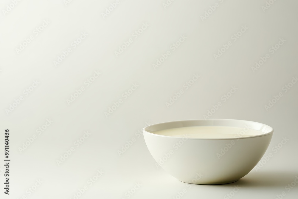 A simple white bowl filled with milk, set against a minimalistic background. A simple white bowl filled with milk, set against a minimalistic background.