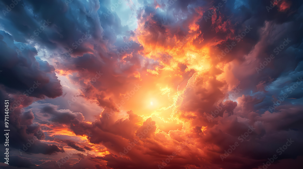 Wide panoramic view of the sunset sky with dark clouds Wide panoramic view of the sunset sky with dark clouds
