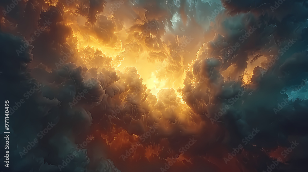 Wide panoramic view of the sunset sky with dark clouds Wide panoramic view of the sunset sky with dark clouds