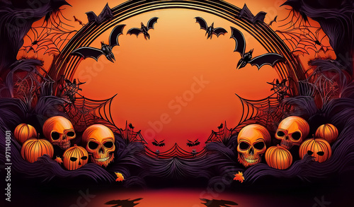 Dark Halloween picture frame with pumpkins, spooky skulls, spider web, bats and orange bokeh moon background for cards for October 31st fall night.