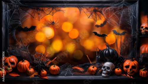 Dark Halloween picture frame with pumpkins, spooky skulls, spider web, bats and orange bokeh moon background for cards for October 31st fall night. 