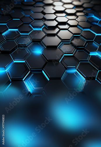 Futuristic abstract blue hexagon pattern with lights in hexagons metal material surface on dark background futuristic 3d geometric design.