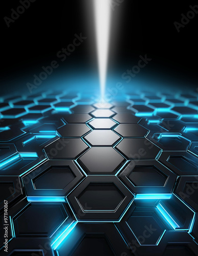 Futuristic abstract blue hexagon pattern with laser light cuts the hexagons into the metal material surface on dark background futuristic 3d geometric design.
