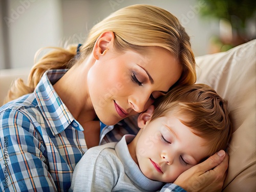 Tender moment of a young boy peacefully sleeping on his mother's lap, her gentle hand cradling his head, exuding warmth, love, and tranquility. photo