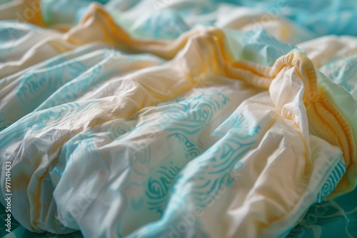 Close up of a baby diaper showing the absorbent material and elastic waistband photo