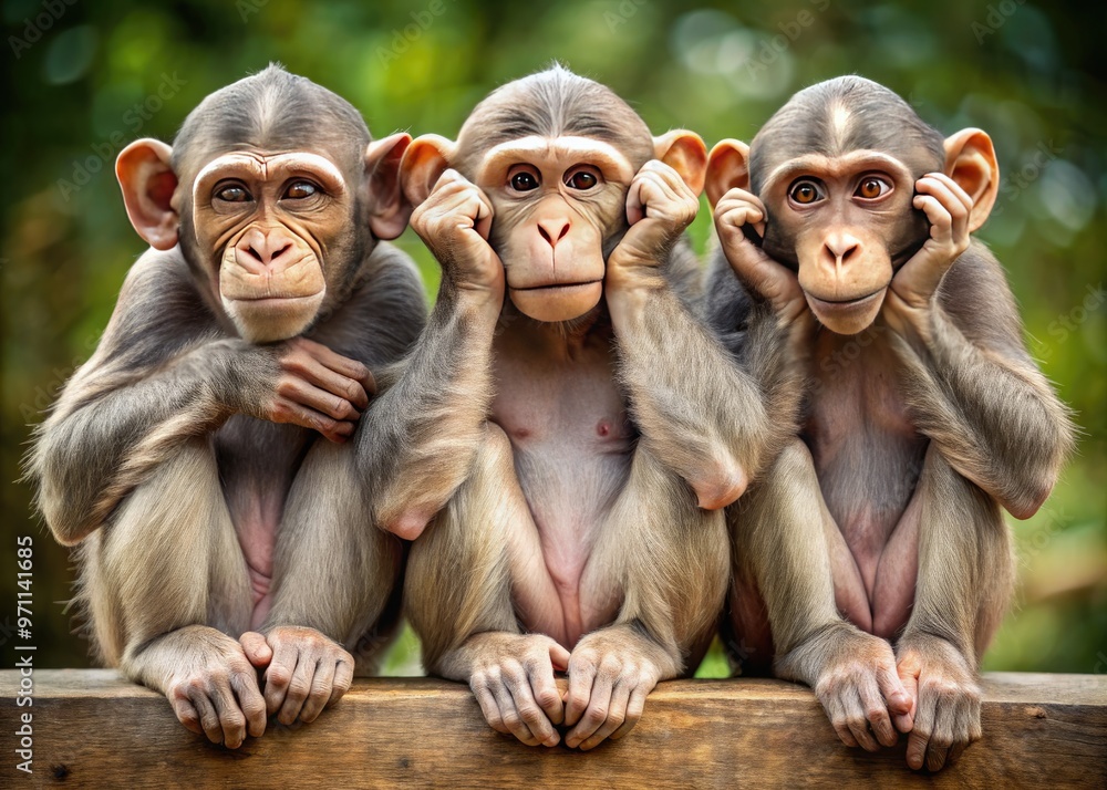 Three monkeys sitting together, one covering its ears, one covering its ...