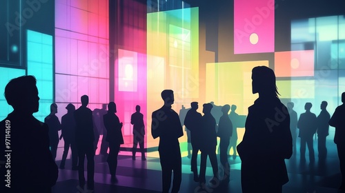 Silhouettes of people in a vibrant, illuminated urban environment.