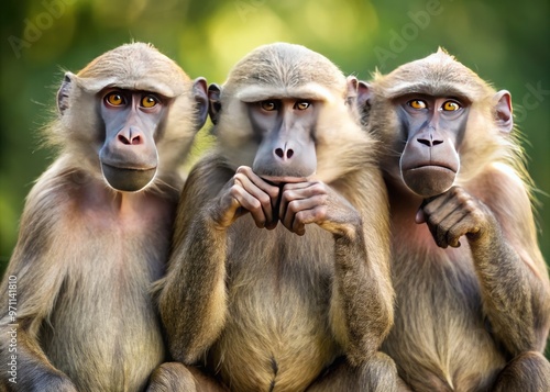 Three wise primates, one covering its eyes, one its ears, and one its mouth, sitting in a row, conveying the concept of ignoring or withholding knowledge. photo