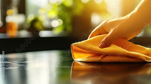 Wallpaper Mural A hand using a yellow cloth to clean a surface, showcasing domestic care and cleanliness in a warm, inviting atmosphere. Torontodigital.ca