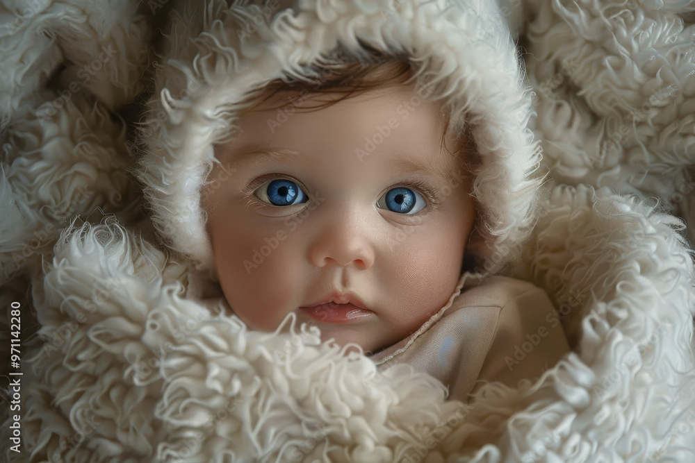 A baby is wearing a white coat and a white hat A baby is wearing a white coat and a white hat