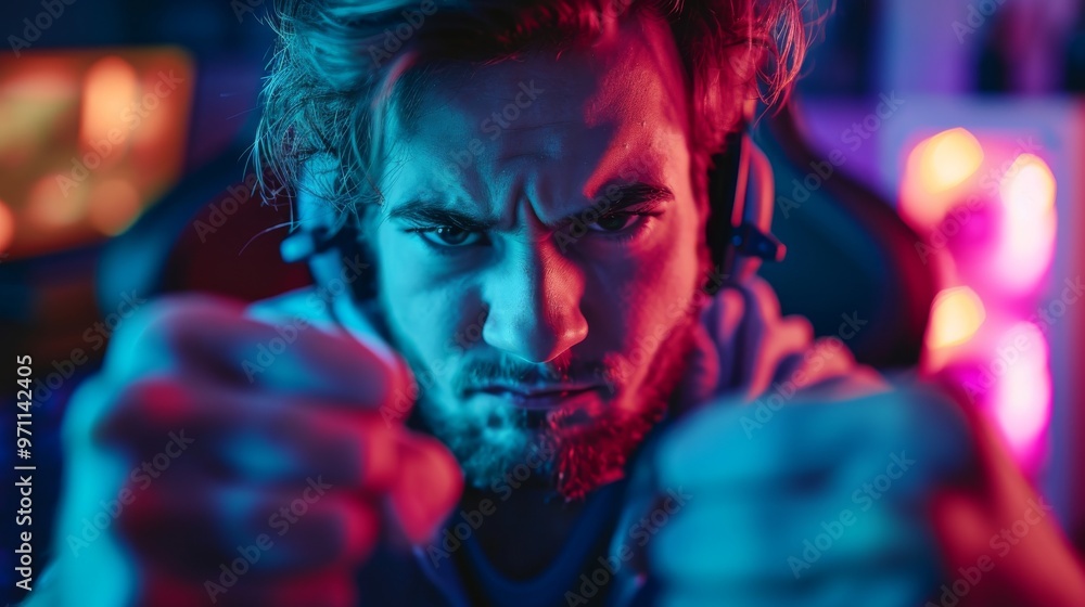 Intense male gamer focuses on victory, displaying determination and passion in a colorful gaming environment. Intense male gamer focuses on victory, displaying determination and passion in a colorful gaming environment.