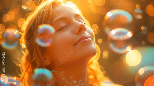 Woman enjoying sunlight with bokeh and soap bubbles in a dreamy atmosphere