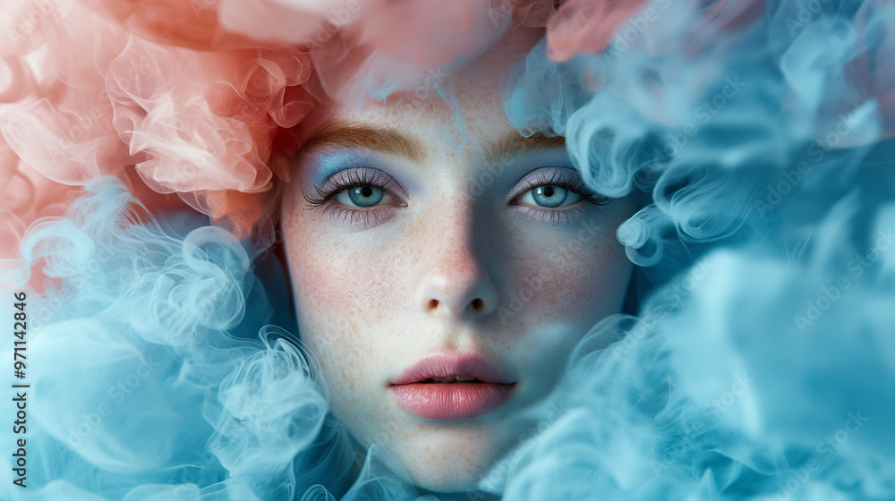 Close-up of a woman with ethereal makeup surrounded by colorful clouds of smoke Close-up of a woman with ethereal makeup surrounded by colorful clouds of smoke